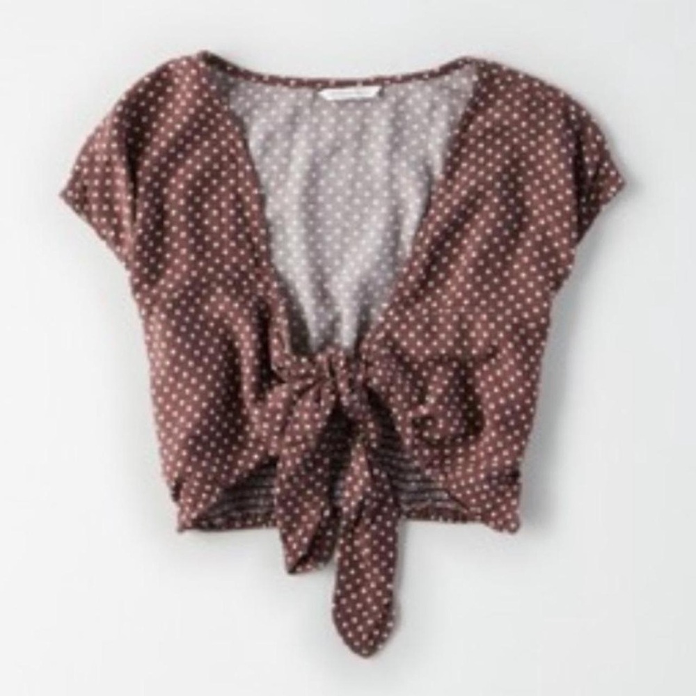 American Eagle Front Tie Crop Top Brown White Polka Dots Size M